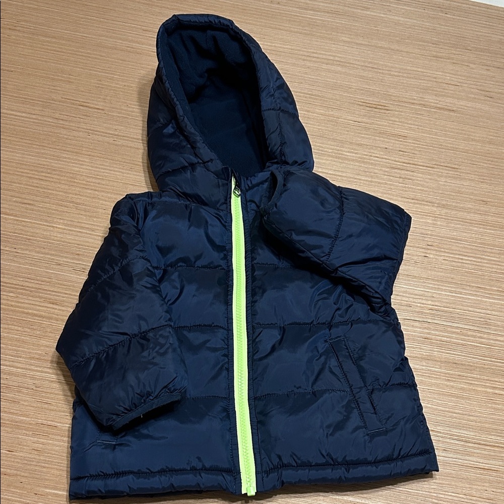 Wonder Nation Navy Puffer Jacket with Bright Green Zipper Size 18 mos
